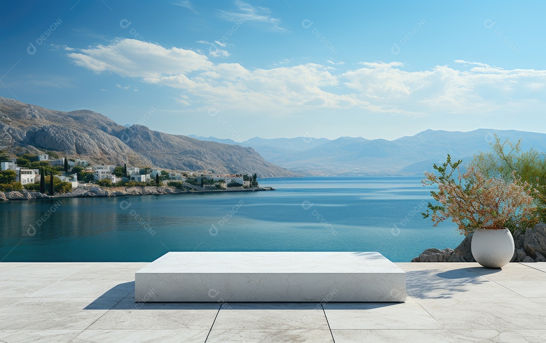 Pódio de mármore branco com vista para o mar no fundo.