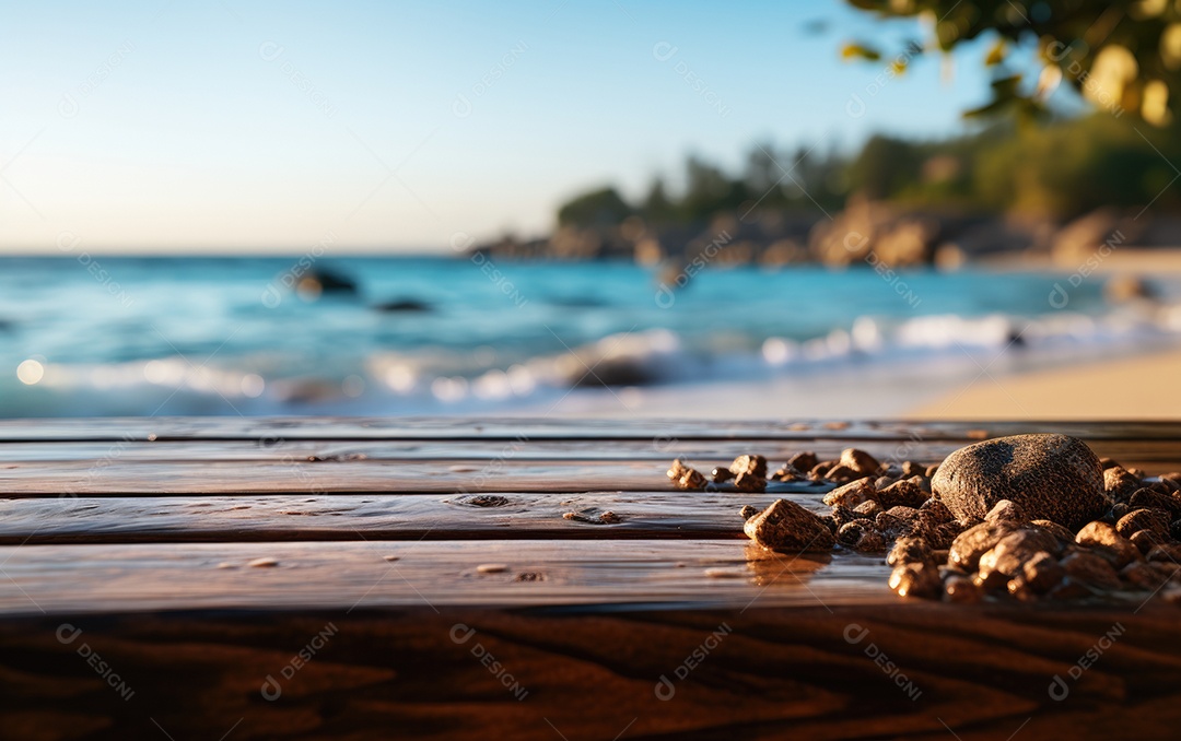 Tampo de mesa de madeira branca no fundo desfocado da praia.