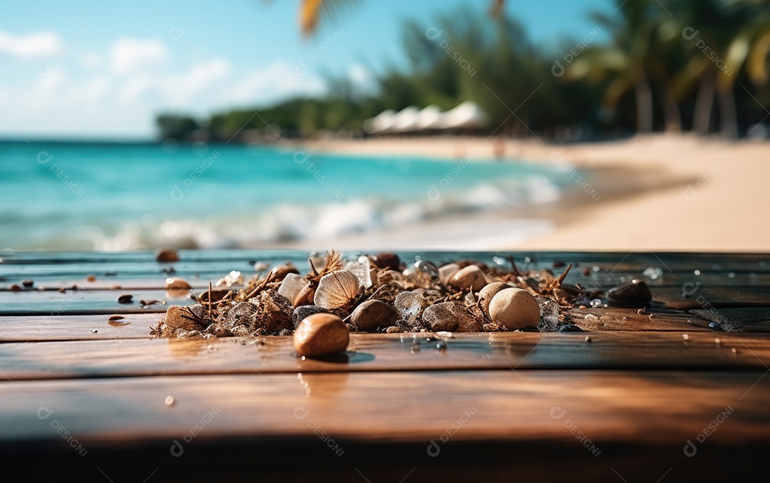 Pedras de areia em cima da mesa de madeira branca no fundo desfocado da praia.