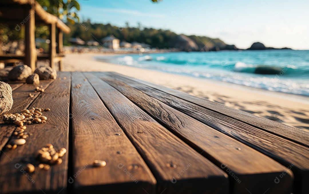 Tampo de mesa de madeira branca no fundo desfocado da praia.
