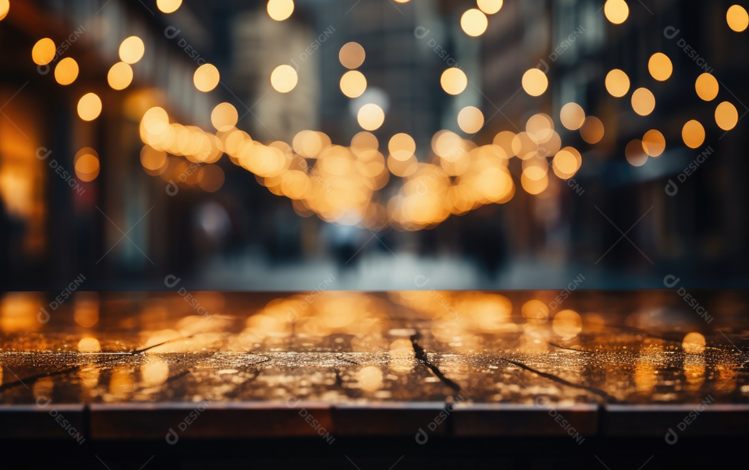 Piso de madeira vazio com luzes no palco em um fundo de teatro.