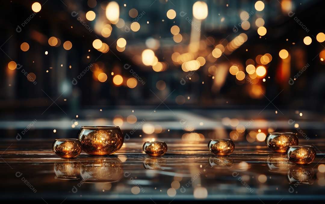 Piso de madeira vazio com luzes no palco em um fundo de teatro.