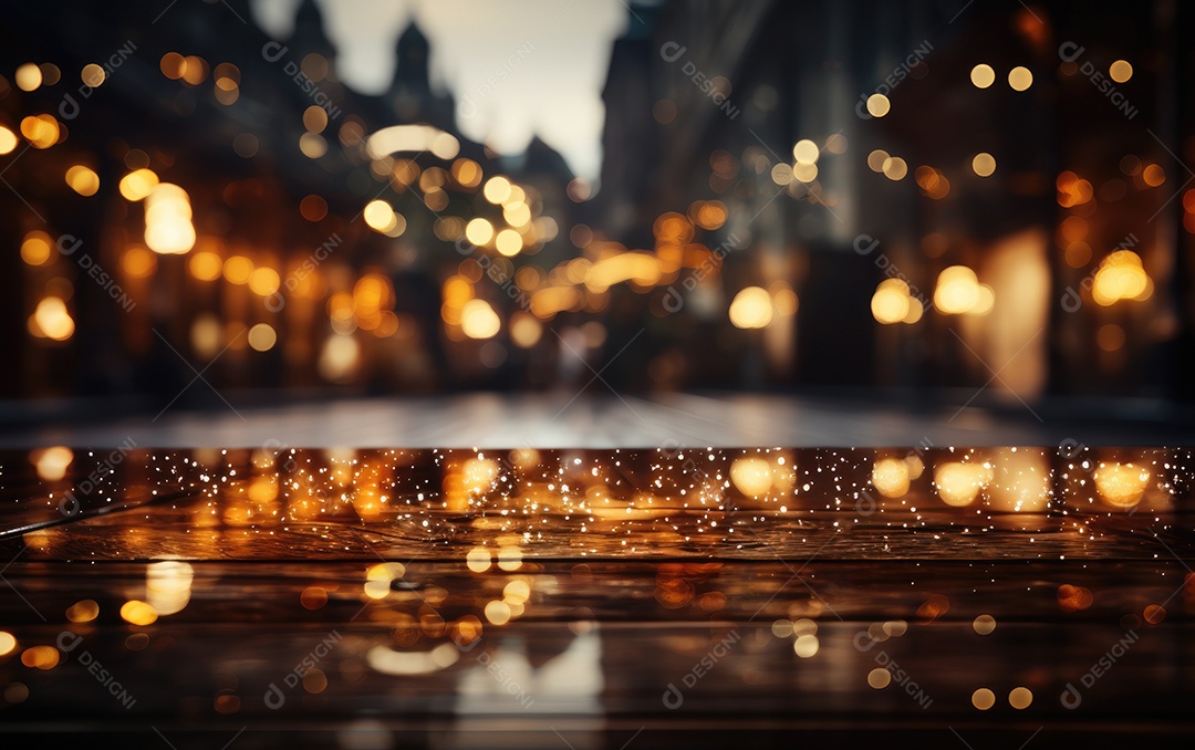Piso de madeira vazio com luzes no palco em um fundo de teatro.
