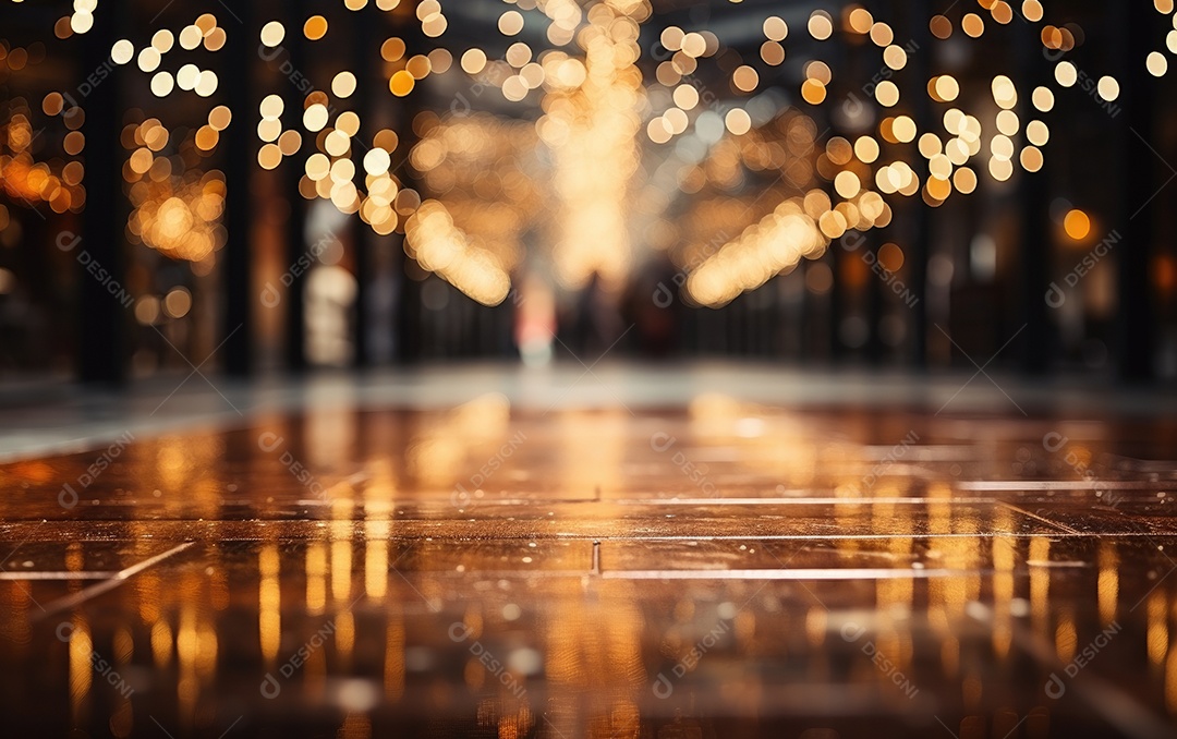 Piso de madeira vazio com luzes no palco em um fundo de teatro.