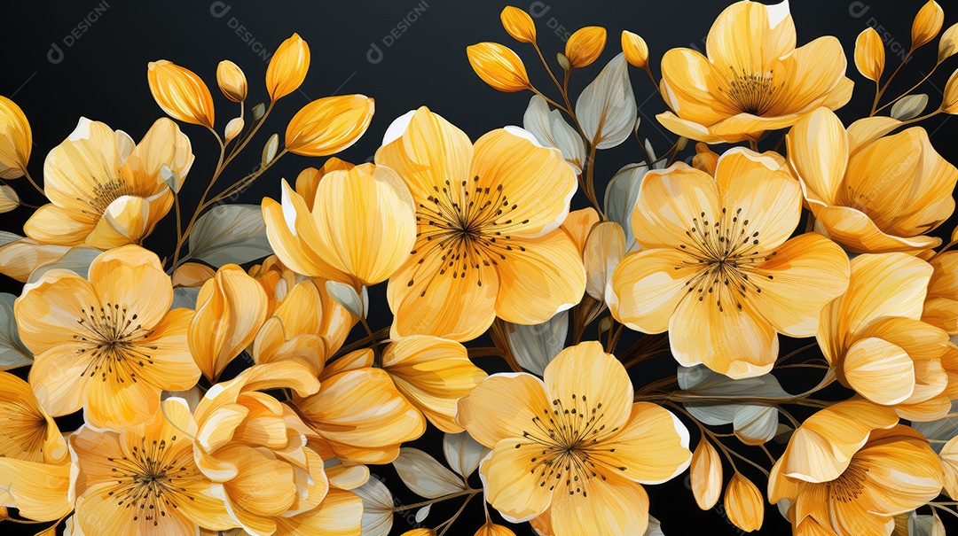 Flores amarelas sobre um fundo escuro.