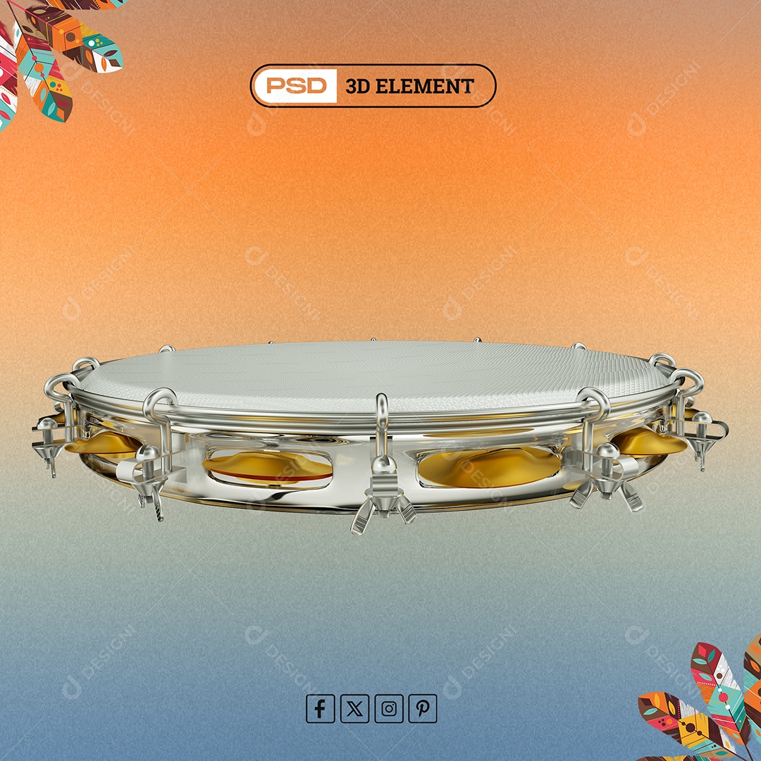 Elemento 3D Pandeiro Prata Para Composição PSD