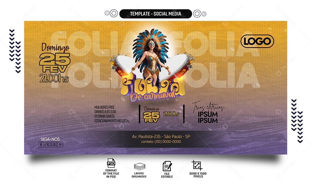 Social Media Banner Folia De Carnval PSD Editável