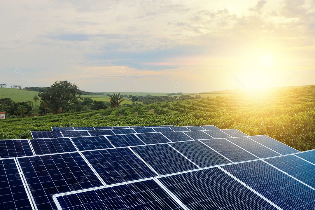 Pôr do sol sobre a usina de energia solar