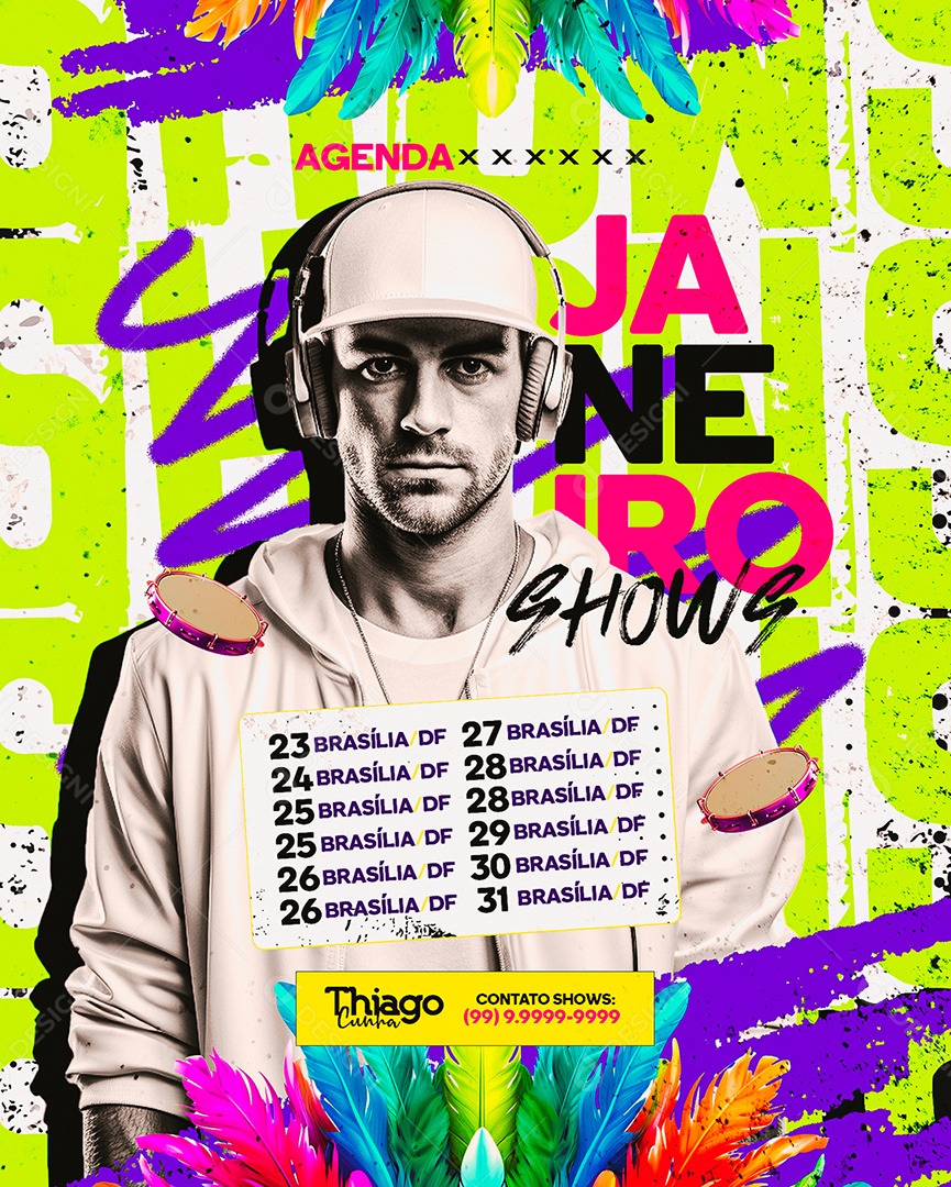 Flyer Carnaval Agenda Thiago Cunha Shows Janeiro Social Media PSD Editável