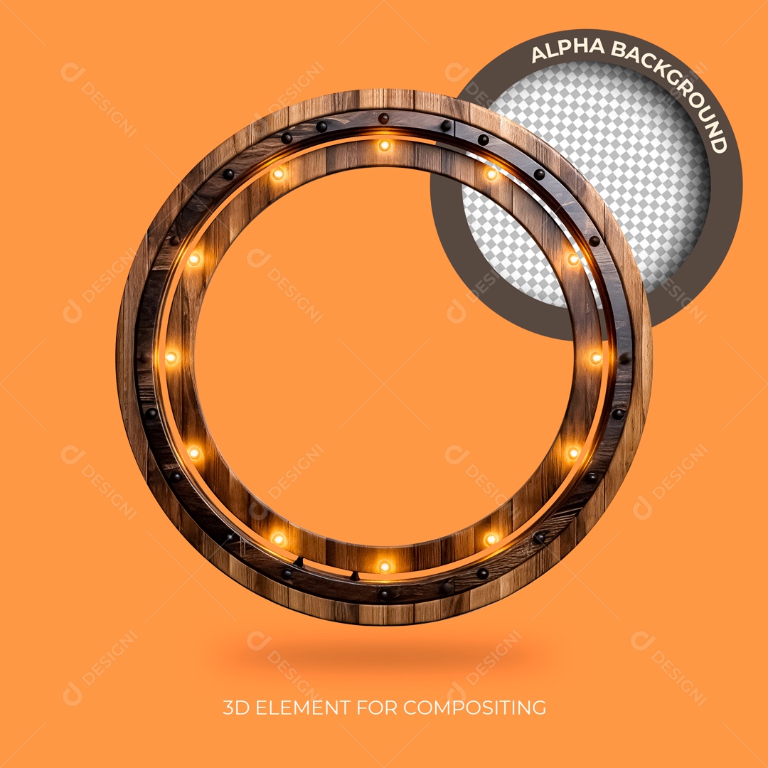Elemento 3D Moldura De Madeira Circular Ferro Lâmpadas Para Composição PSD