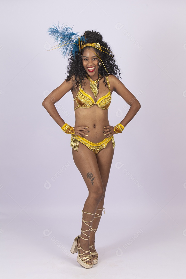 Mulher bonita vestida com roupa e acessorio para o carnaval.