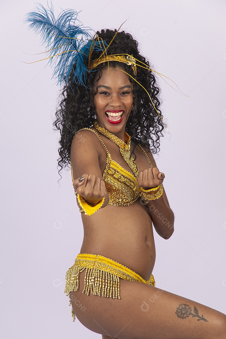 Mulher bonita vestida com roupa e acessorio para o carnaval.