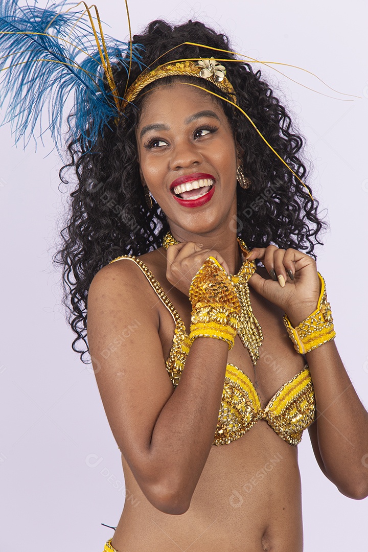 Mulher bonita vestida com roupa e acessório para o carnaval.