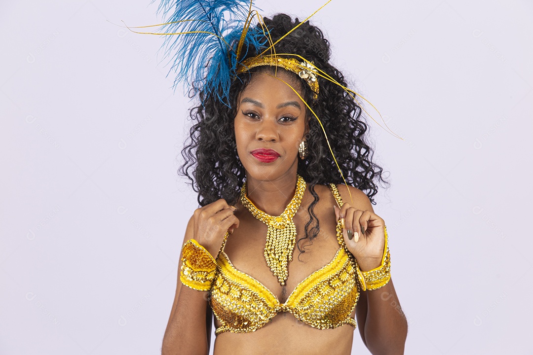 Mulher bonita vestida com roupa e acessório para o carnaval.