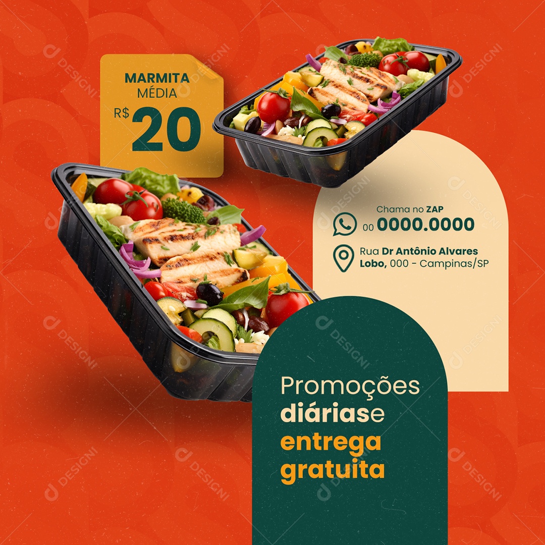 Restaurante Marmitaria Promoções diáriase entrega gratuita Social Media PSD Editável
