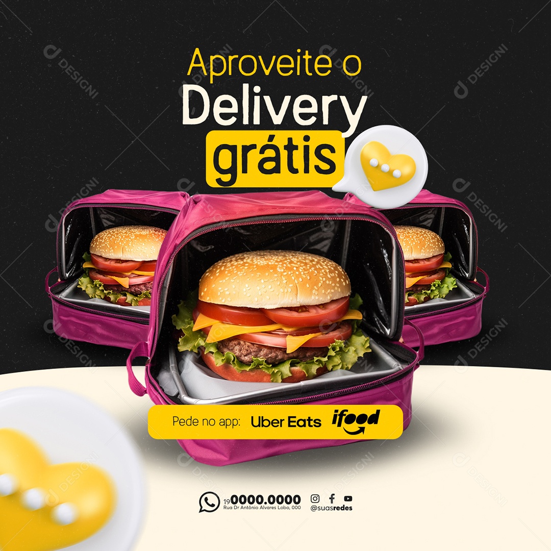 Hamburgueria Aproveite o Delivery grátis Social Media PSD Editável