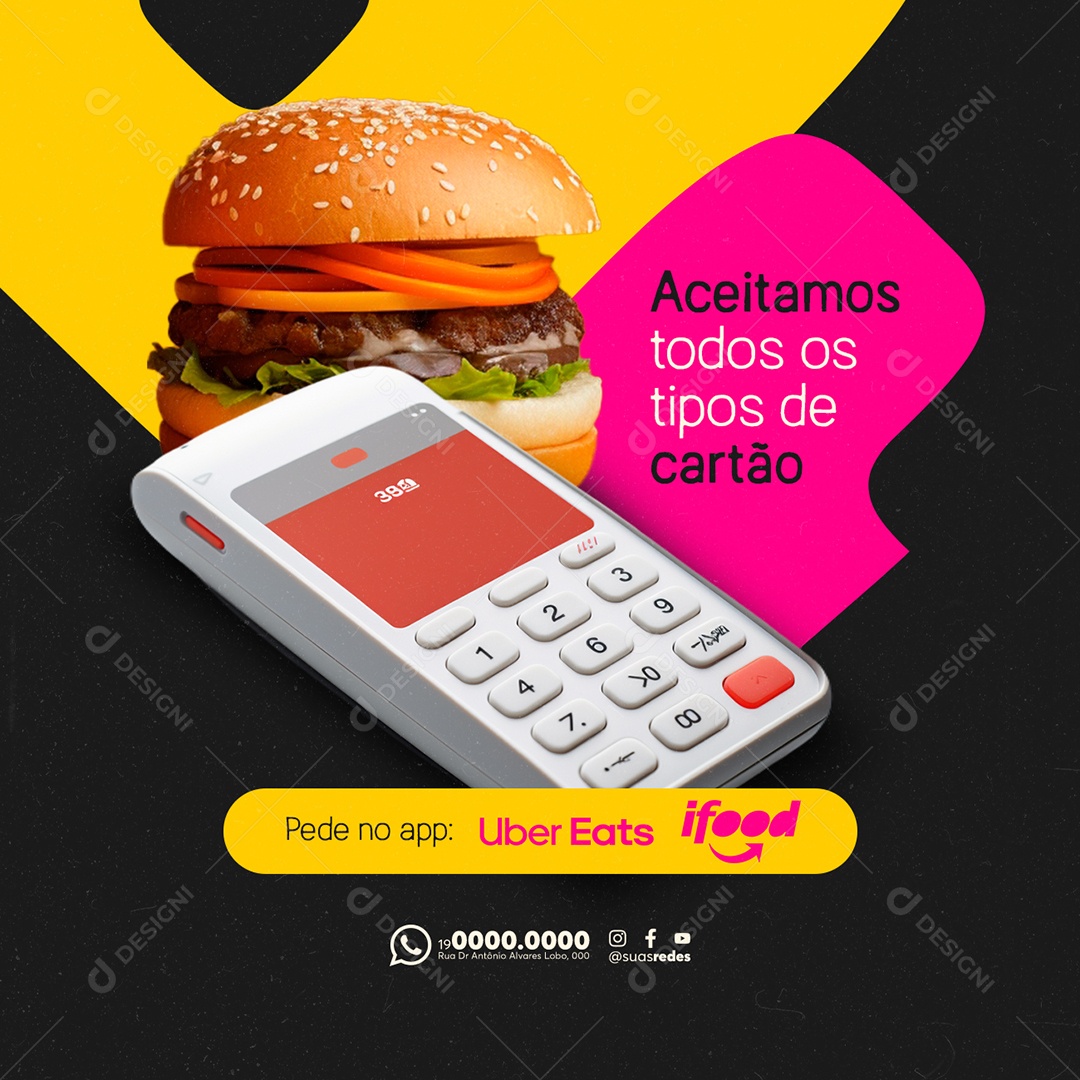 Hamburgueria Aceitamos todos os tipos de cartão Social Media PSD Editável