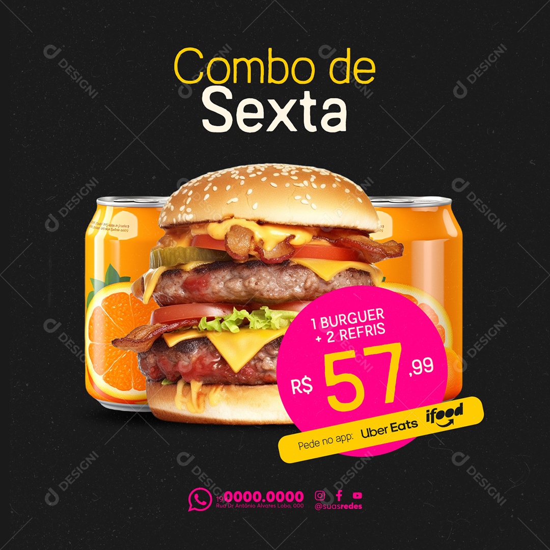 Hamburgueria Combo de Sexta 1 Burguer 2 Refris Social Media PSD Editável
