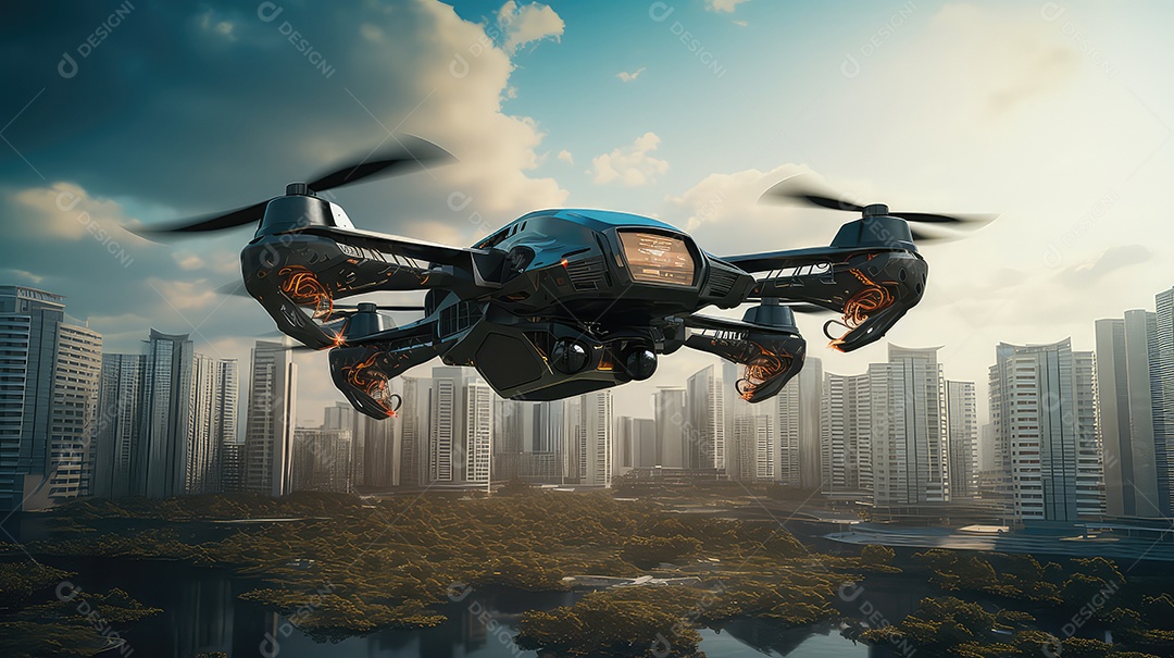 Foco no voo do drone no fundo desfocado da cidade