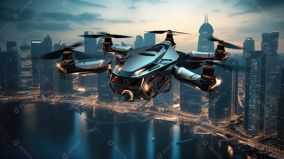 Foco no voo do drone no fundo desfocado da cidade