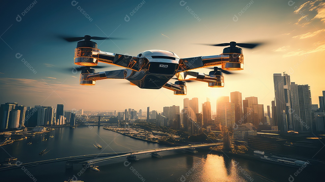 Foco no voo do drone no fundo desfocado da cidade