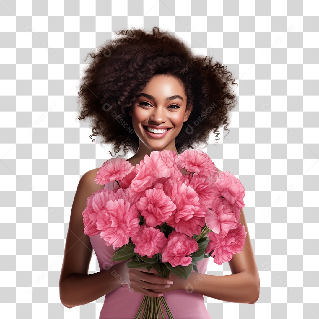 Mulher Feliz com Blusa Rosa Segurando um Buquê PNG Transparente