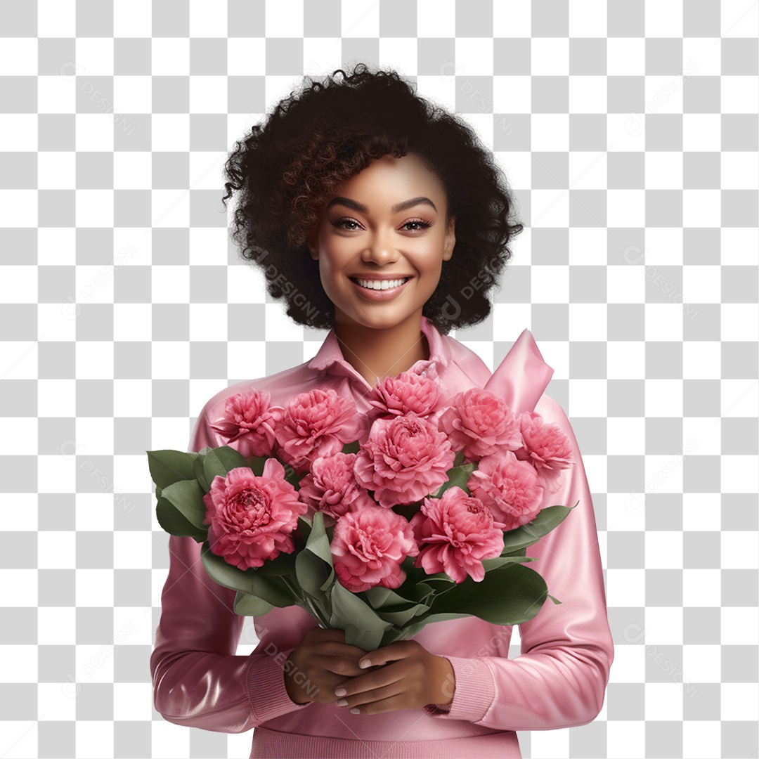 Mulher Feliz com Blusa Rosa Segurando um Buquê PNG Transparente