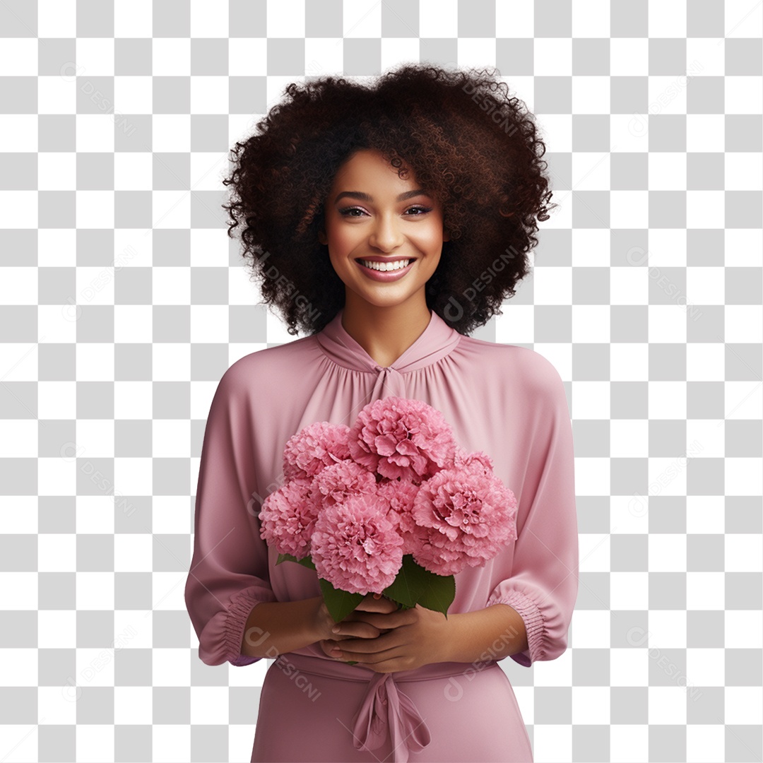 Mulher Feliz com Blusa Rosa Segurando um Buquê PNG Transparente