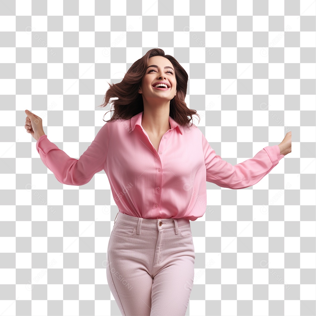 Mulher Feliz com Blusa Rosa Sorrindo PNG Transparente