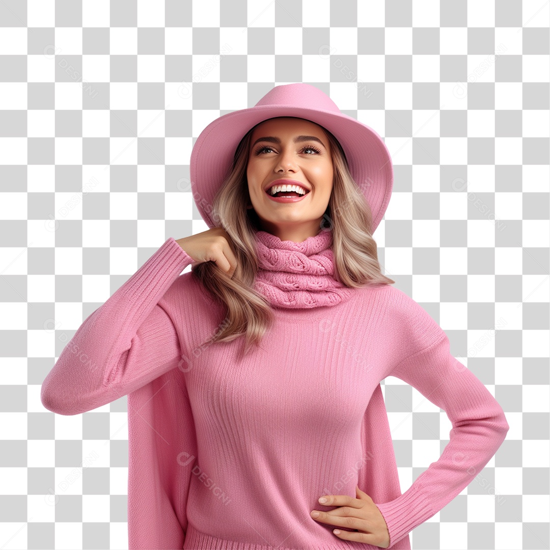 Mulher Feliz com Blusa Rosa Sorrindo PNG Transparente