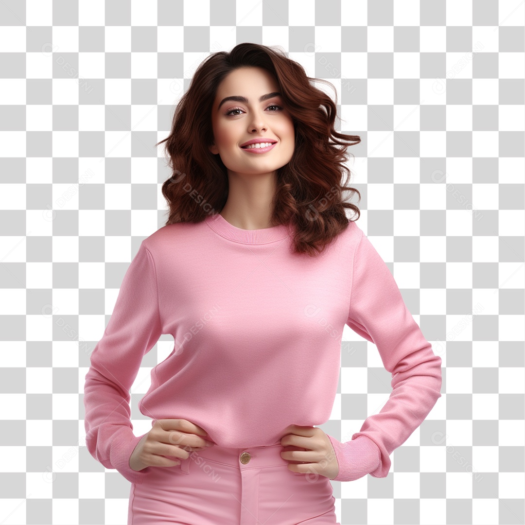 Mulher Feliz com Blusa Rosa Sorrindo PNG Transparente