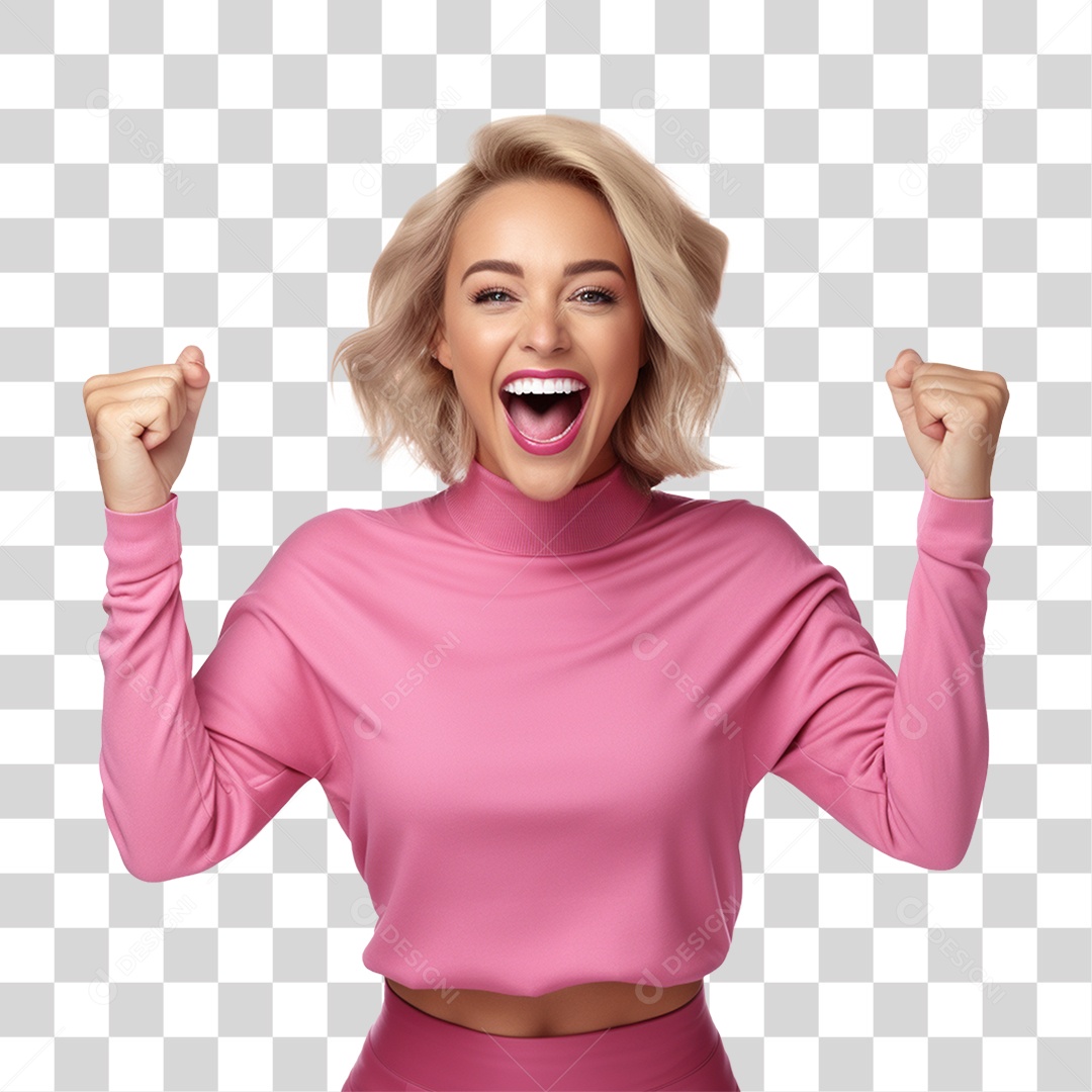 Mulher Feliz com Blusa Rosa Sorrindo PNG Transparente