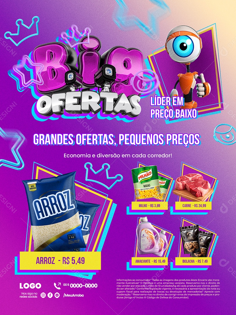 Big Ofertas Supermercado Encarte Líder em Preço Baixo Arroz Milho Carne Social Media PSD Editável