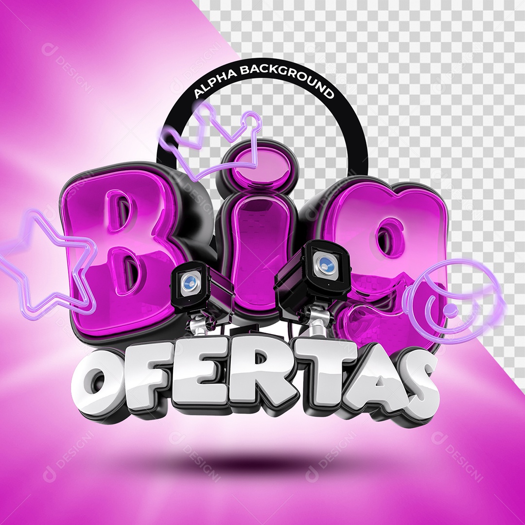 Big Ofertas Selo 3D Rosa Branco e Preto para Composição PSD