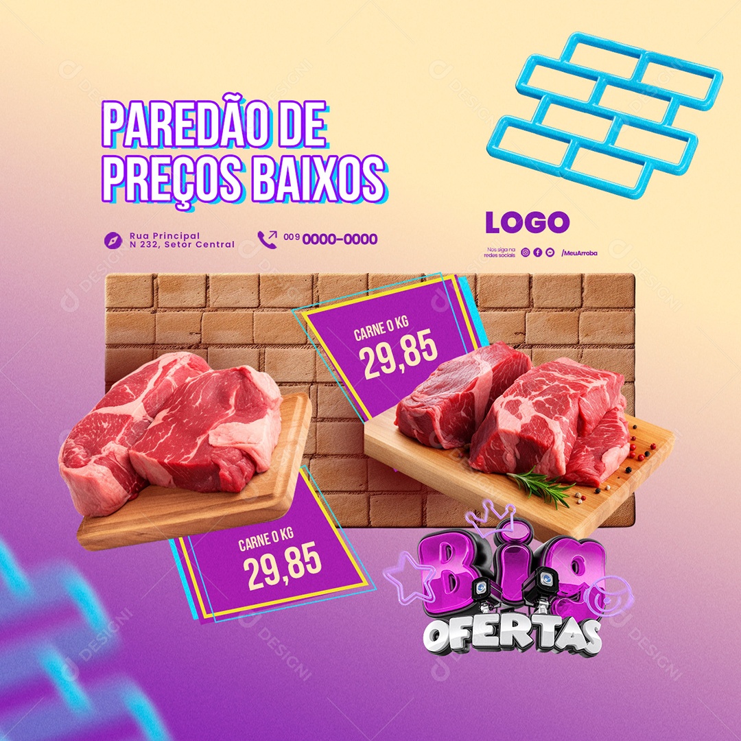 Big Ofertas Supermercado Açougue Paredão de Preços Baixos Carne Social Media PSD Editável