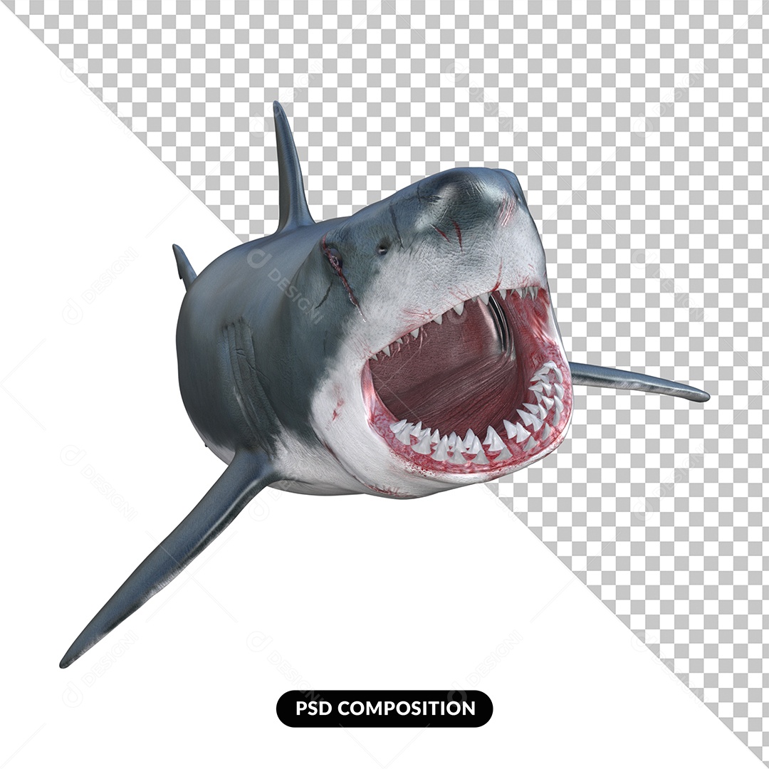 Tubarão Branco com Boca Aberta Elemento 3D para Composição PSD
