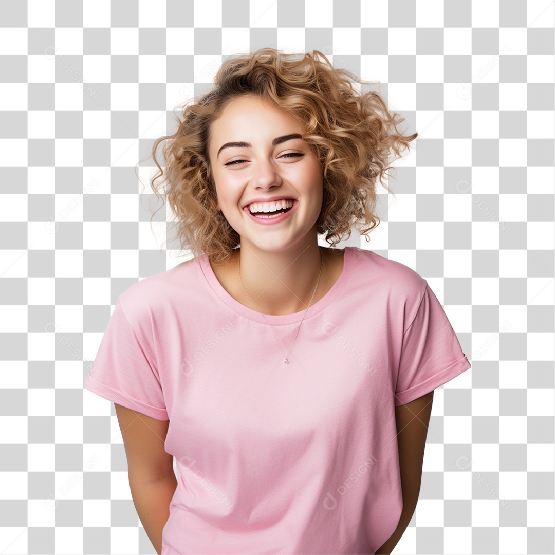 Mulher Feliz com Blusa Rosa Sorrindo PNG Transparente