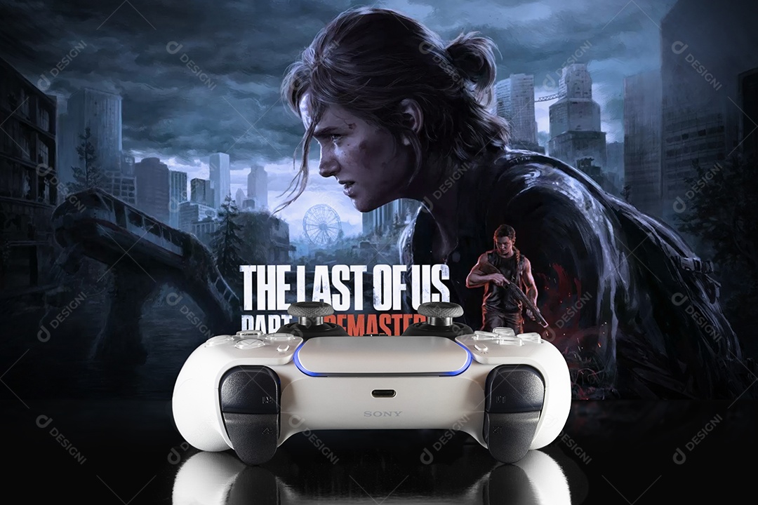 Logotipo remasterizado de The Last of Us Part II com controle de PlayStation 5