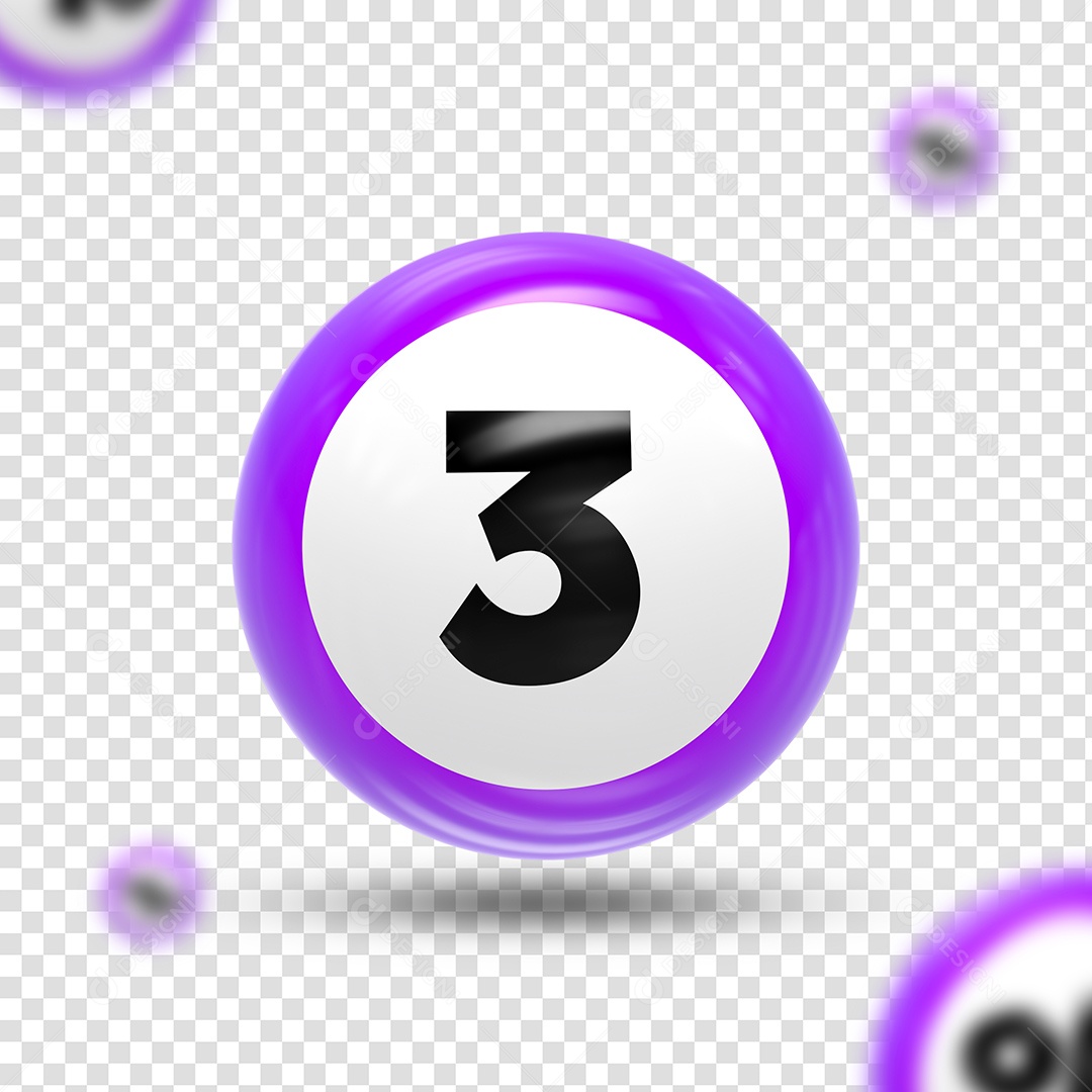 Número 3 Elemento 3D Roxo Preto para Composição PSD
