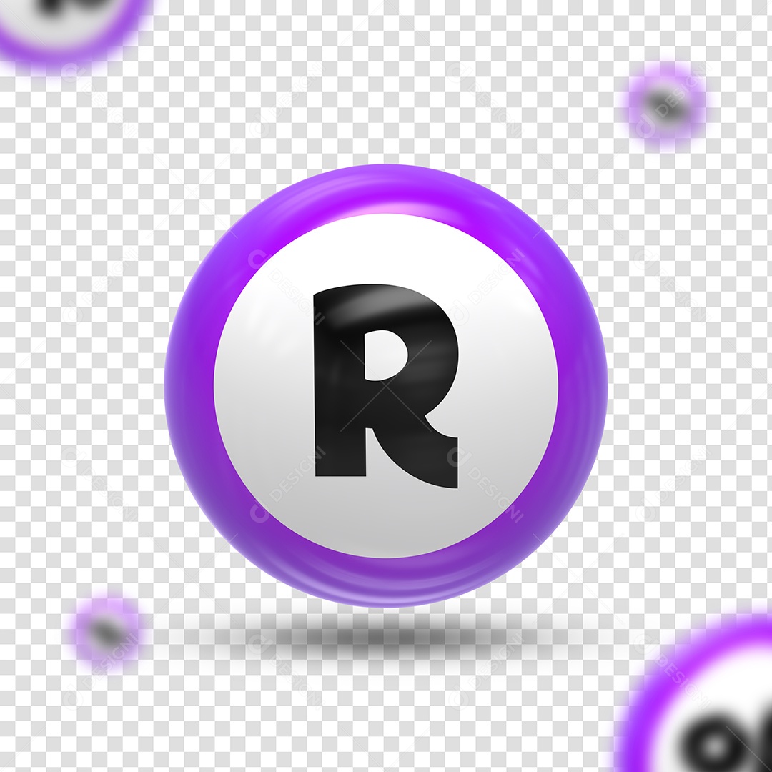Letra R Maiúsculo Elemento 3D Roxo Branco Preto para Composição PSD