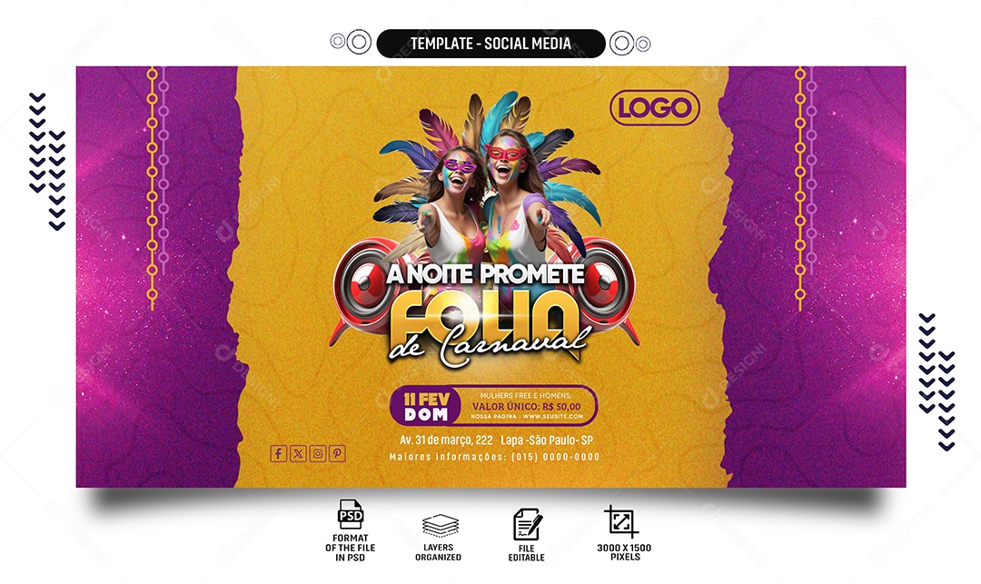 Banner A Noite Promete Folia De Carnaval Social Media PSD Editável
