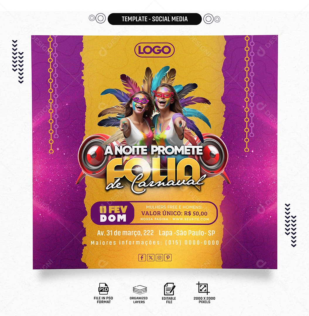 Social Media Feed A Noite Promete Folia De Carnaval PSD Editável