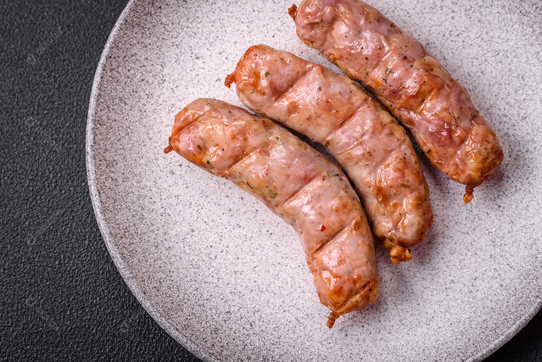 Deliciosos e suculentos enchidos de frango ou porco grelhados com sal, especiarias e ervas sobre um fundo escuro de concreto