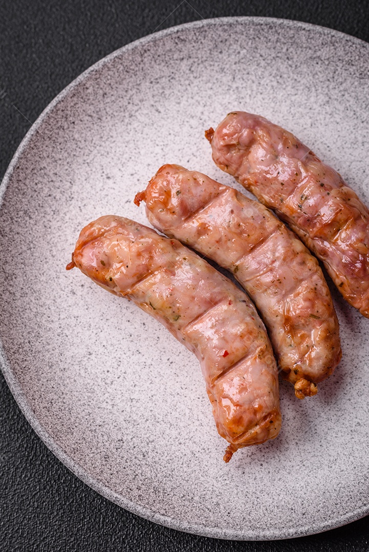Deliciosos e suculentos enchidos de frango ou porco grelhados com sal, especiarias e ervas sobre um fundo escuro de concreto