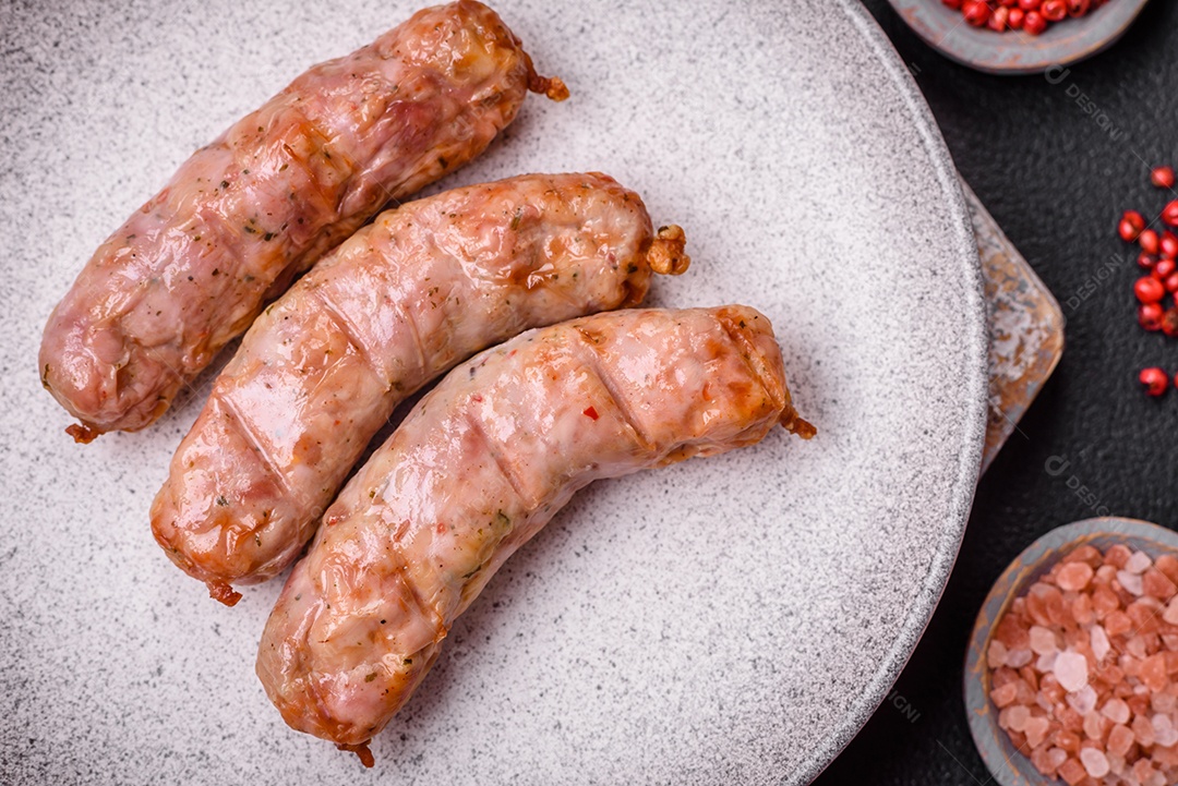 Deliciosos e suculentos enchidos de frango ou porco grelhados com sal, especiarias e ervas sobre um fundo escuro de concreto