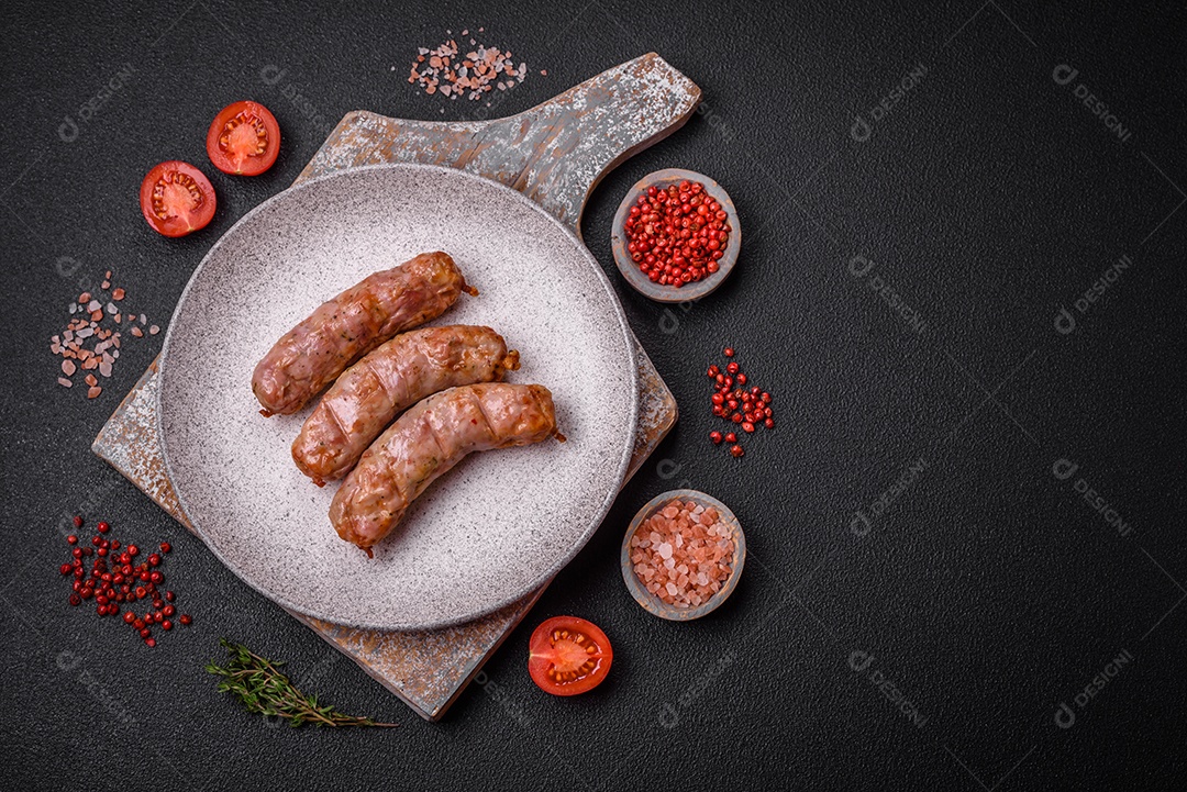 Deliciosos e suculentos enchidos de frango ou porco grelhados com sal, especiarias e ervas sobre um fundo escuro de concreto