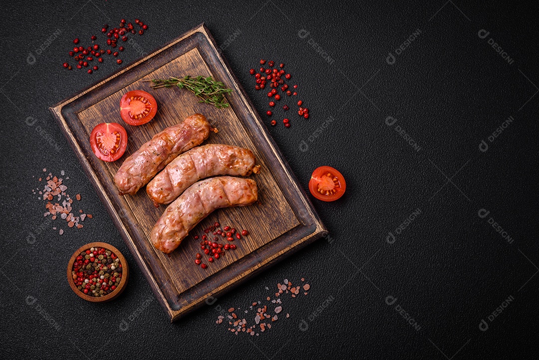 Deliciosos e suculentos enchidos de frango ou porco grelhados com sal, especiarias e ervas sobre um fundo escuro de concreto