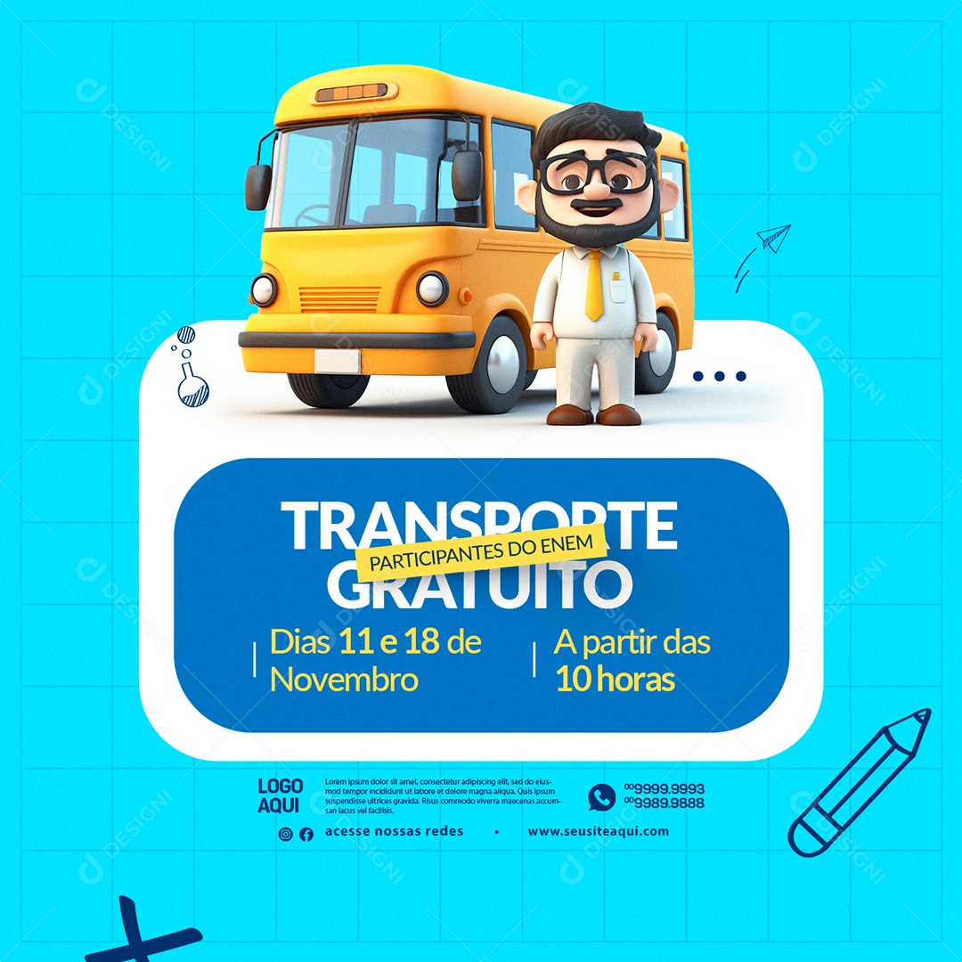 Transporte Gratuito Participantes Do Enem A partir das 10 horas Social Media PSD Editável