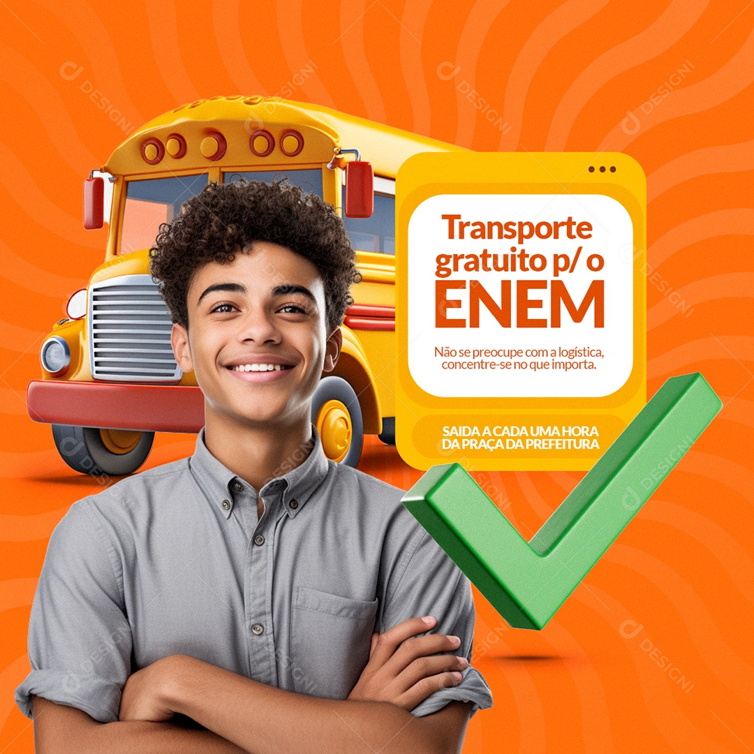 Transporte Enem gratuito Saída a Cada uma Hora da Praça Social Media PSD Editável