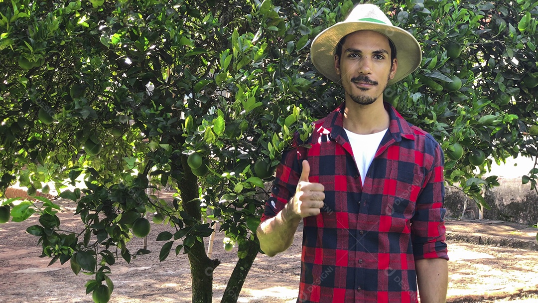 Agricultor com chapéu olhando para a câmera em frente a uma laranjeira